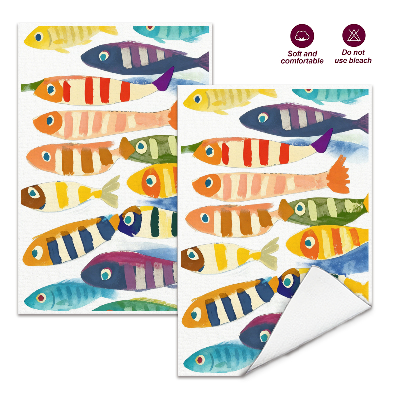 Kitchen And Baking Life - 2Pcs, Watercolor Striped Fish Kitchen Towels,
