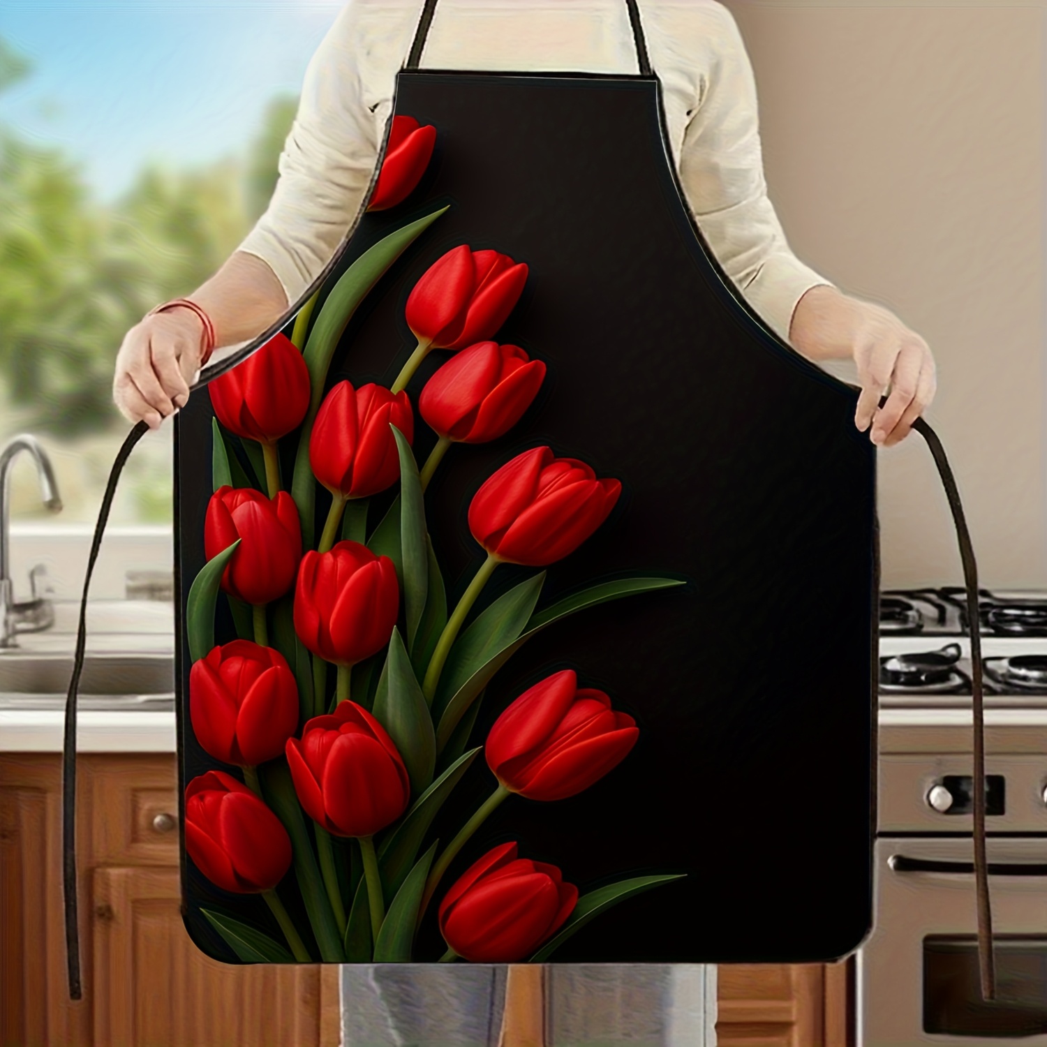 1pc Red Tulip Flower Apron Bla - огляд і ціна Kitchen Baking Background