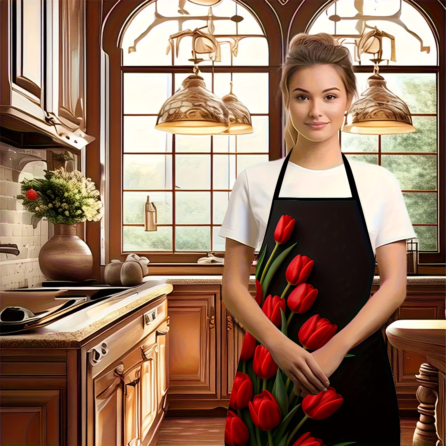 1pc Red Tulip Flower Apron Bla - огляд і ціна Kitchen Baking Background